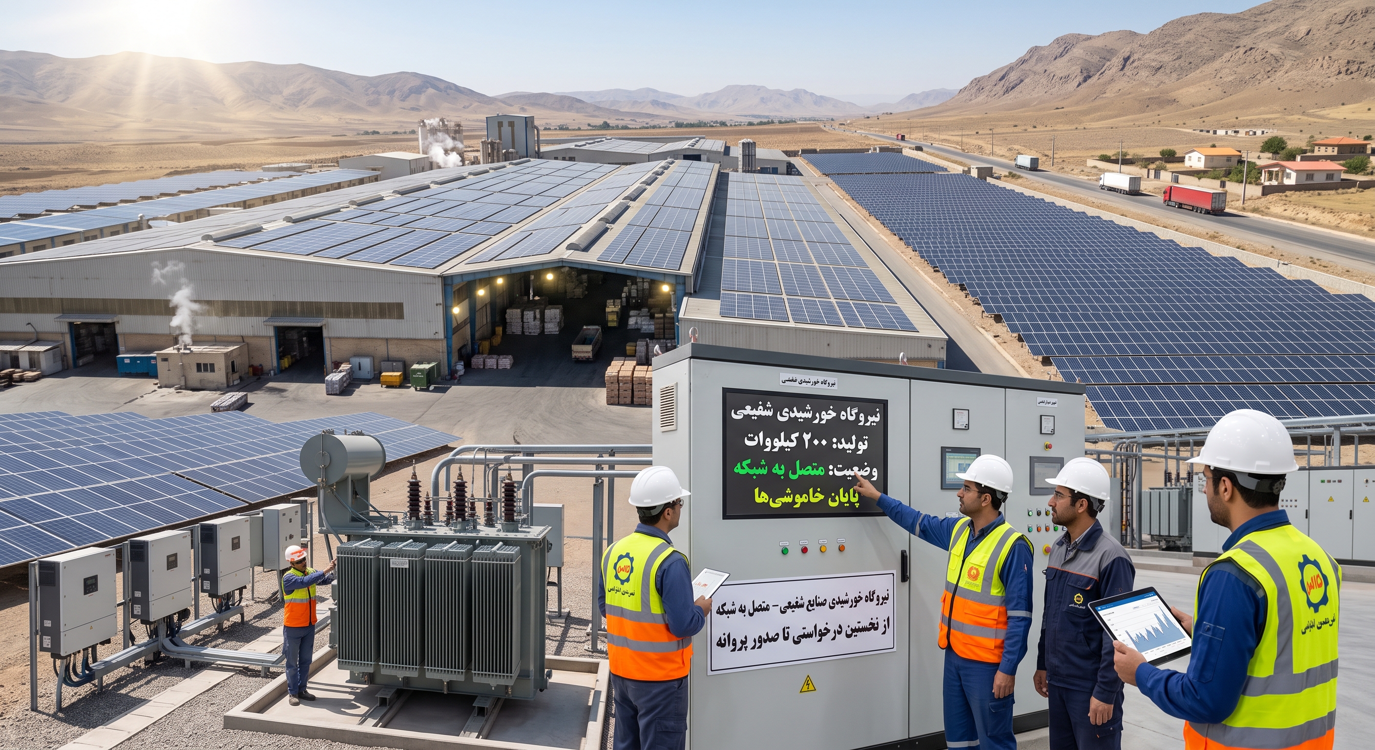 نیروگاه خورشیدی صنعتی روی سقف کارخانه با تیم فنی در حال بازرسی و اتصال به شبکه
